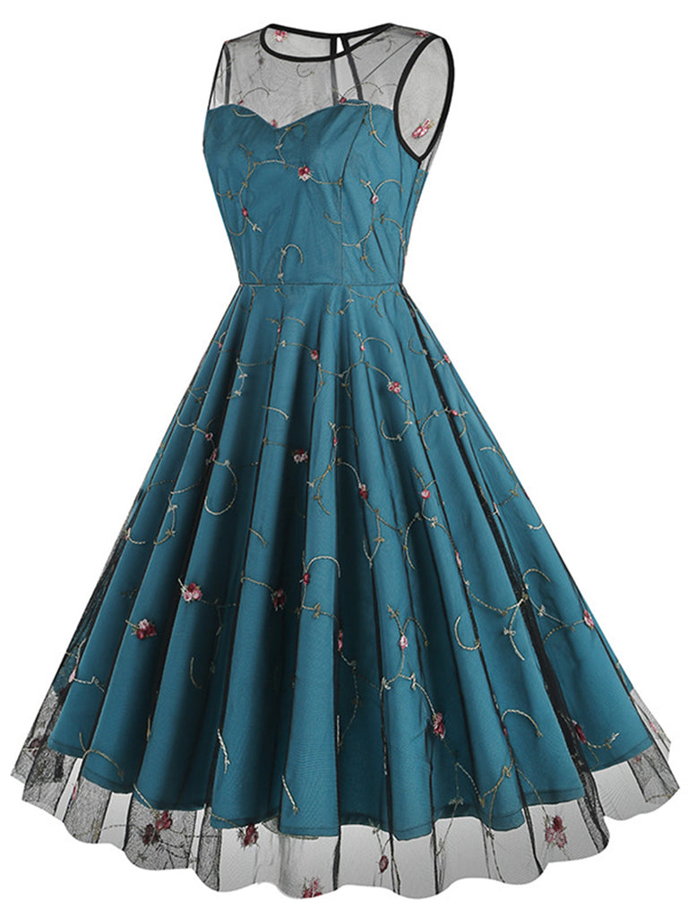 1950s Floral Mesh Swing Dress