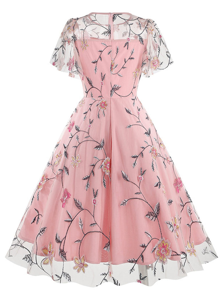 1950s Flower Embroidered Mesh Swing Dress