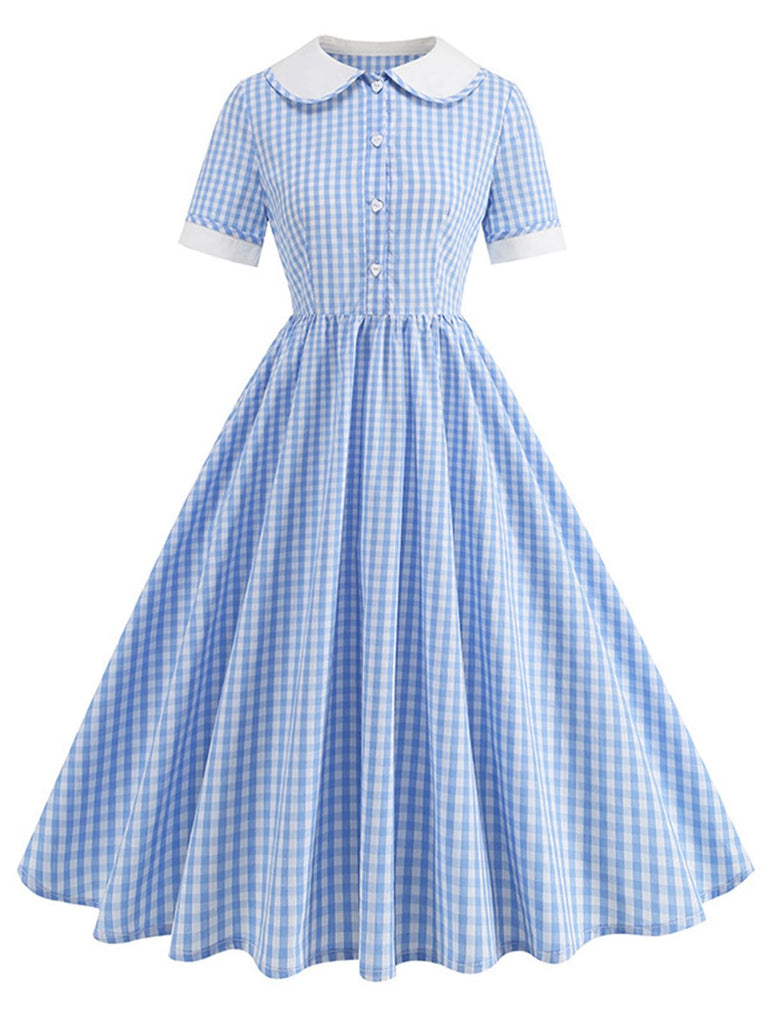 Blue 1950s Peter Pan Collar Gingham Plaid Dress