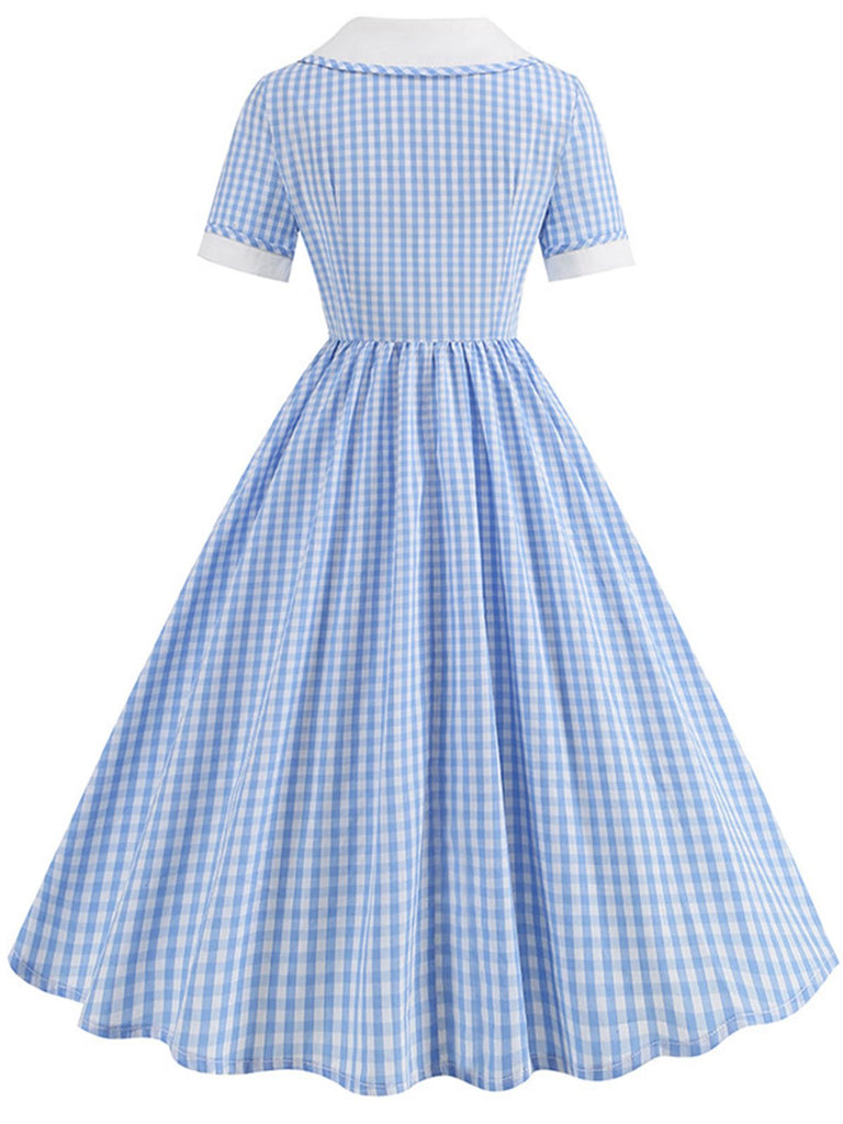 Blue 1950s Peter Pan Collar Gingham Plaid Dress