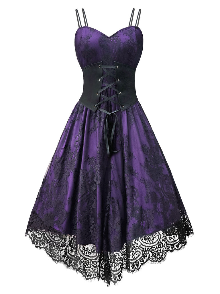 1980s Gothic Punk Eyelash Lace Waistband Dress