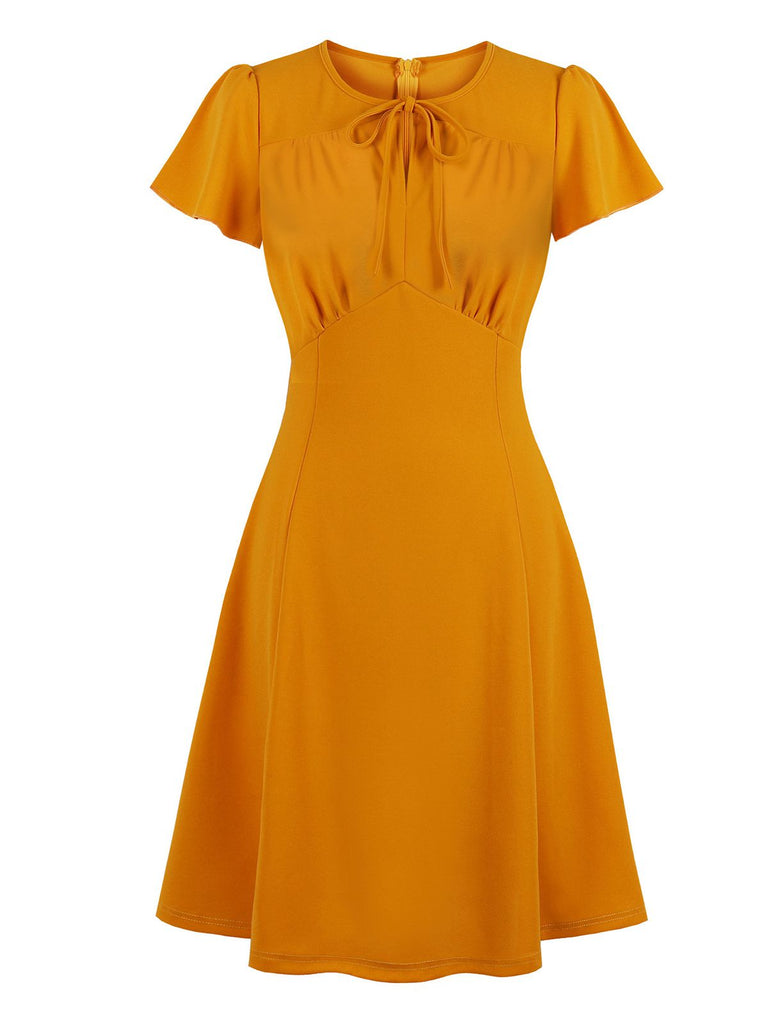 Orange 1940s Solid Lace-up Dress