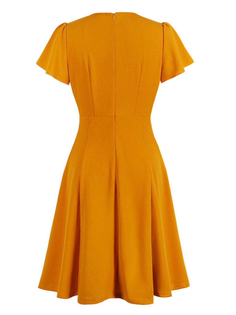 Orange 1940s Solid Lace-up Dress