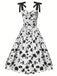 White 1950s Black Flowers Tie-Up Dress