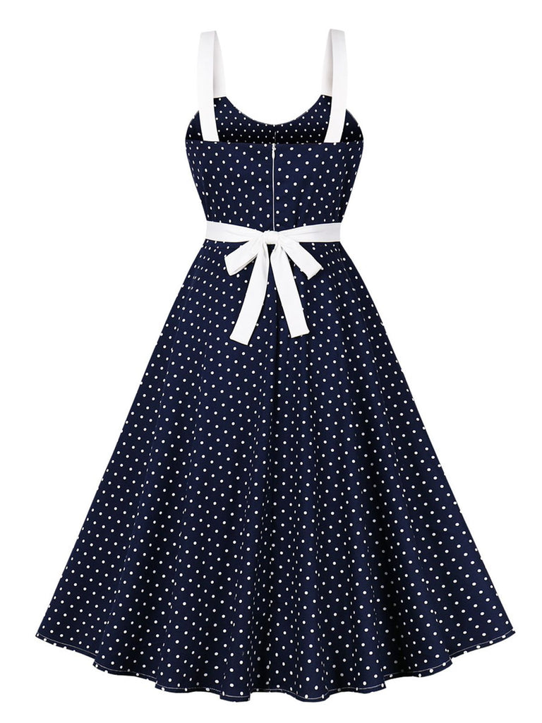 Blue 1940s Strap Polka Dot Bow Belted Dress