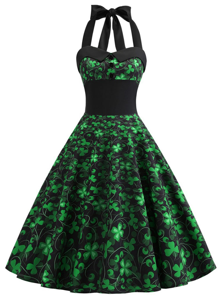 Green 1950s Lucky Clover Halter Patchwork Dress