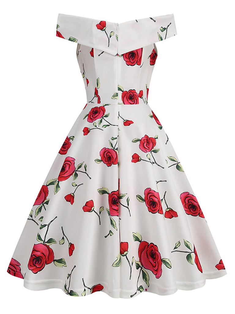 White 1950s Roses Off-Shoulder Dress