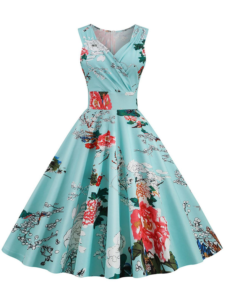 Blue 1950s Floral Heart Collar Swing Dress