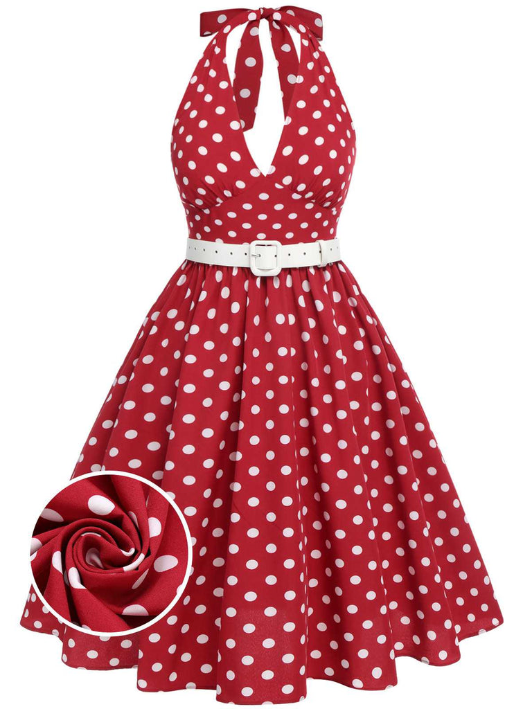 [Plus Size] Red 1950s Polka Dot Halter Dress