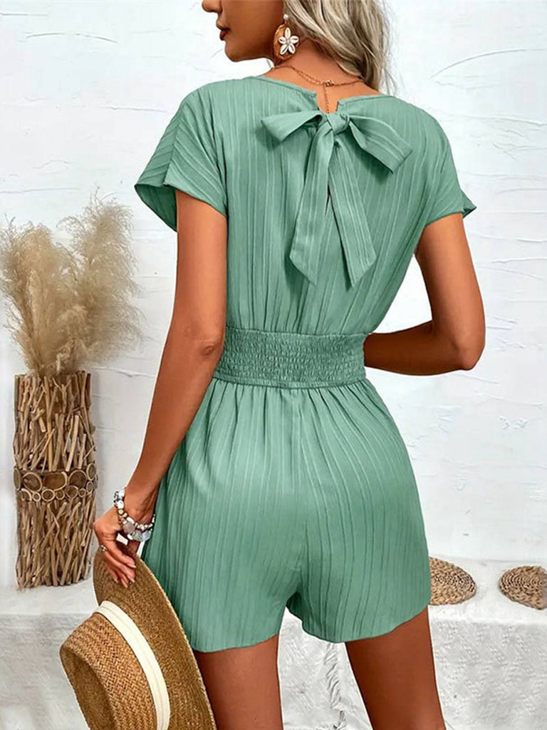 Green 1950s V-Neck Smocked Cap Sleeves Romper