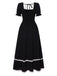 Black 1930s Square Neck Lace-Up Puff Sleeve Dress