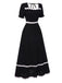 Black 1930s Square Neck Lace-Up Puff Sleeve Dress