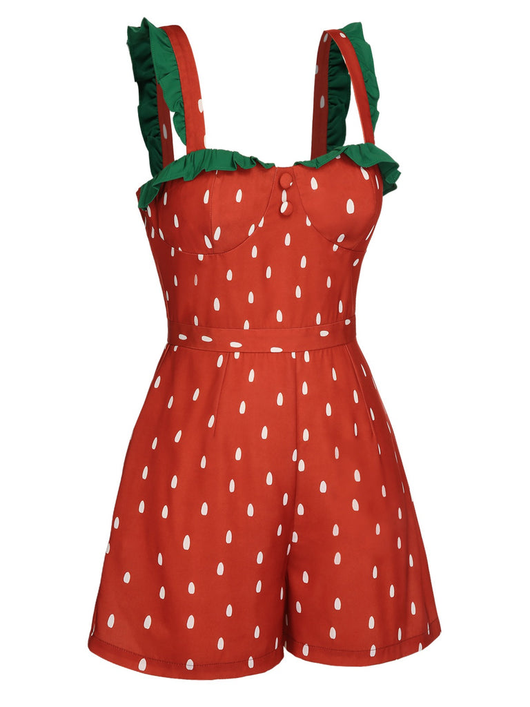 [Pre-Sale] Red 1950s Strawberry Polka Dots Strawberry Straps Romper