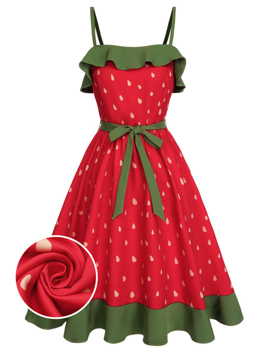 Red 1950s Strawberry Ruffle Belt Dress