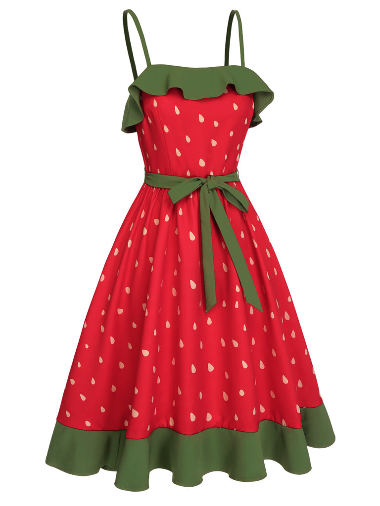 [Pre-Sale] Red 1950s Strawberry Ruffle Belt Dress