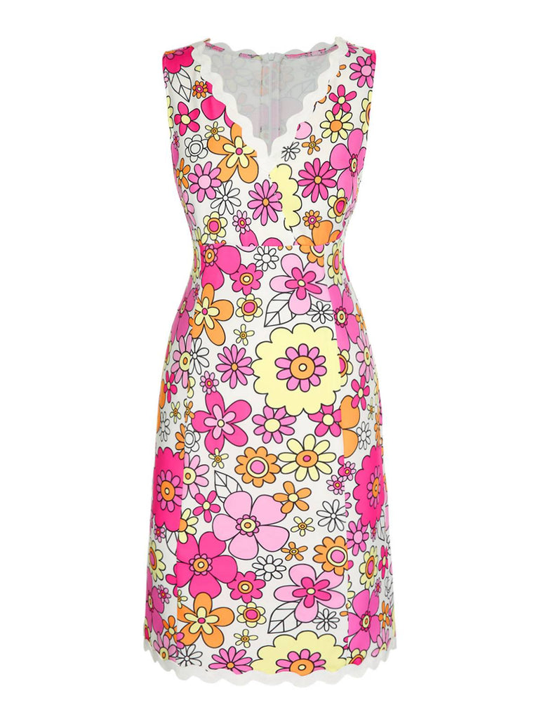[Pre-Sale] Pink 1960s V-Neck Cartoon Flowers Pencil Dress