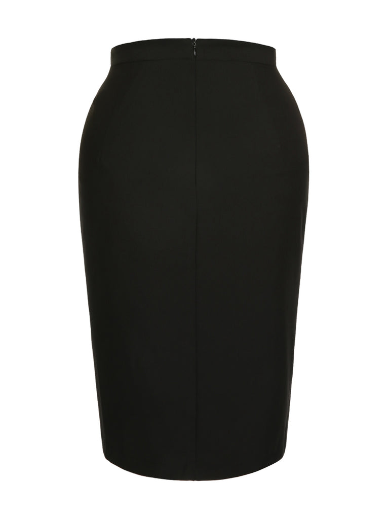 Black 1960s Butterfly Buttons Slit Pencil Skirt