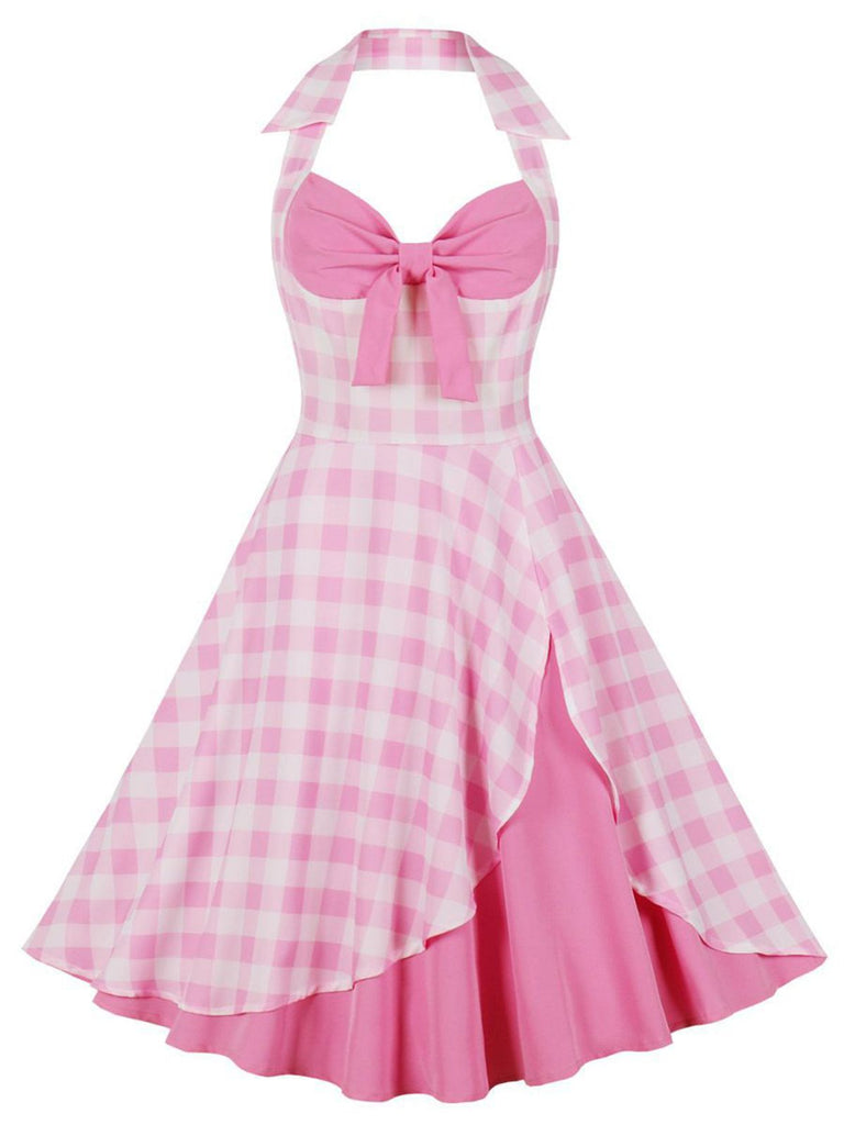 Pink 1950s Halter Plaids Patchwork Dress