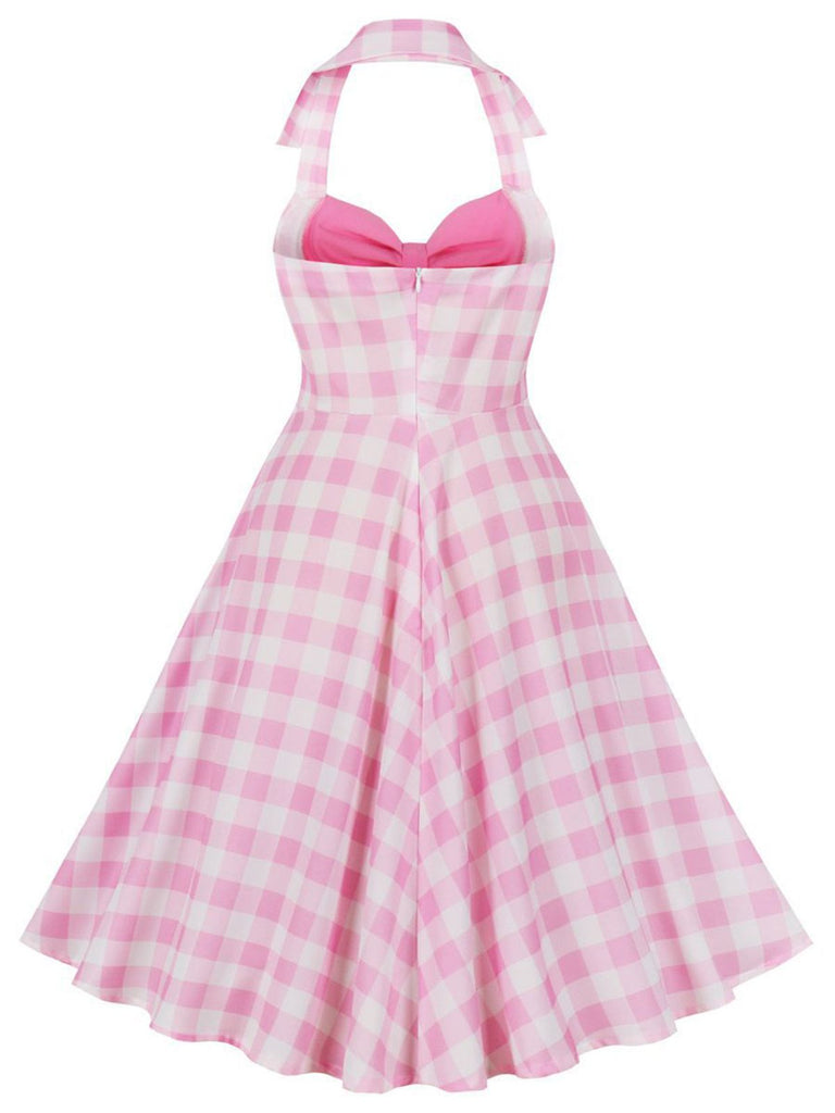 Pink 1950s Halter Plaids Patchwork Dress