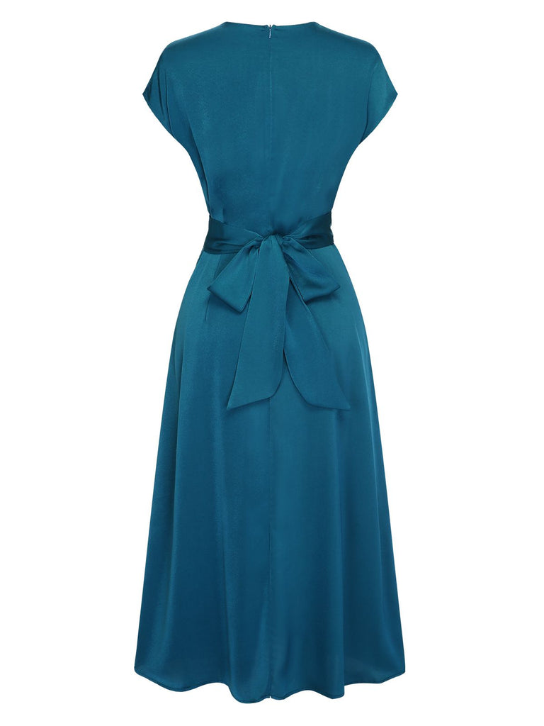 Blue 1940s Solid Irregular Waist Dress