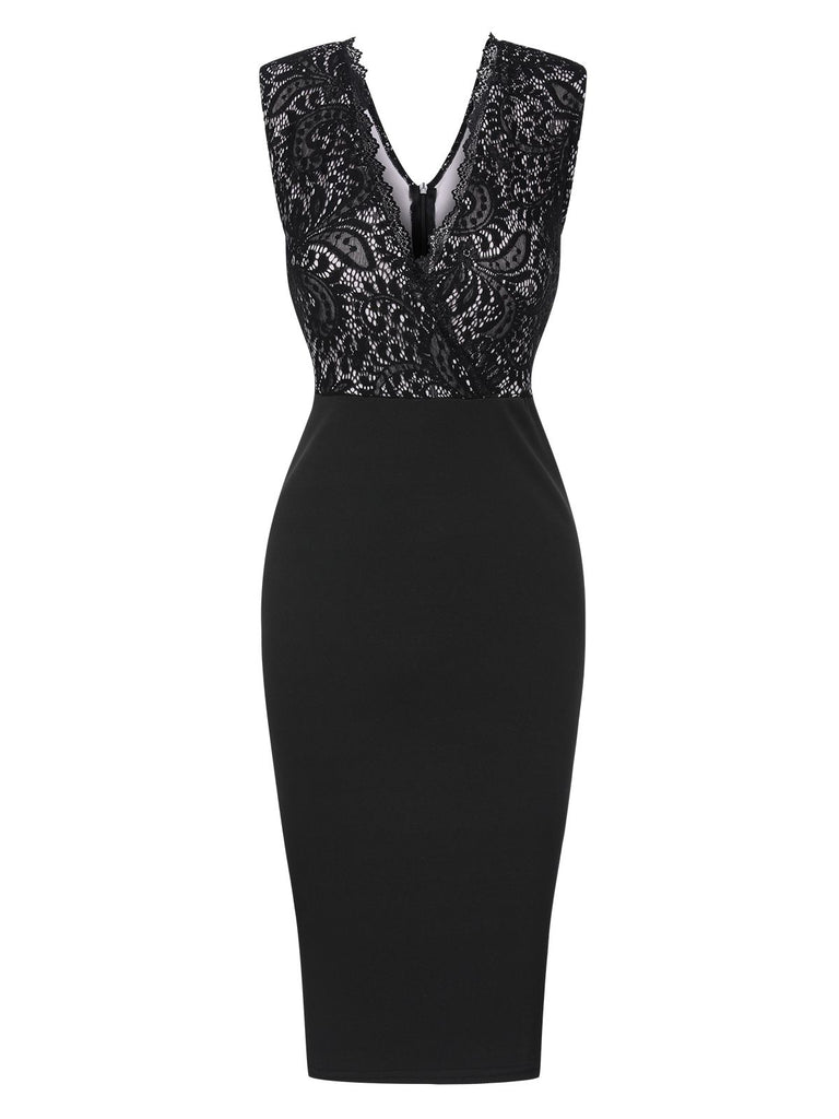 Black 1960s Solid Lace Wrap Dress