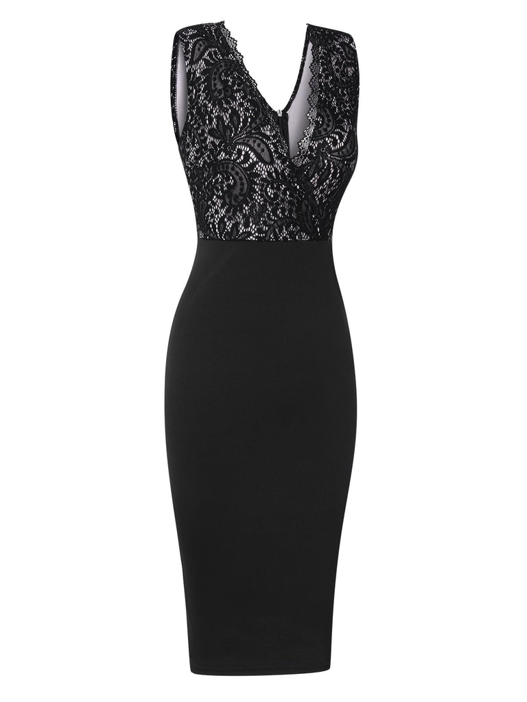 Black 1960s Solid Lace Wrap Dress