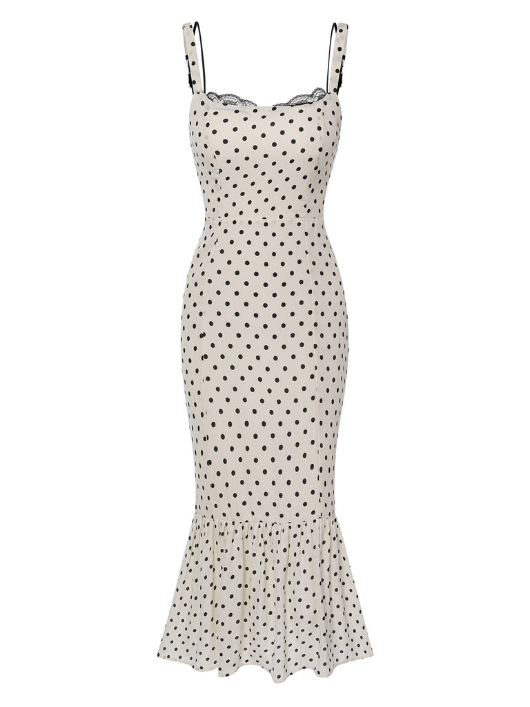 White 1930s Polka Dots Straps Mermaid Dress