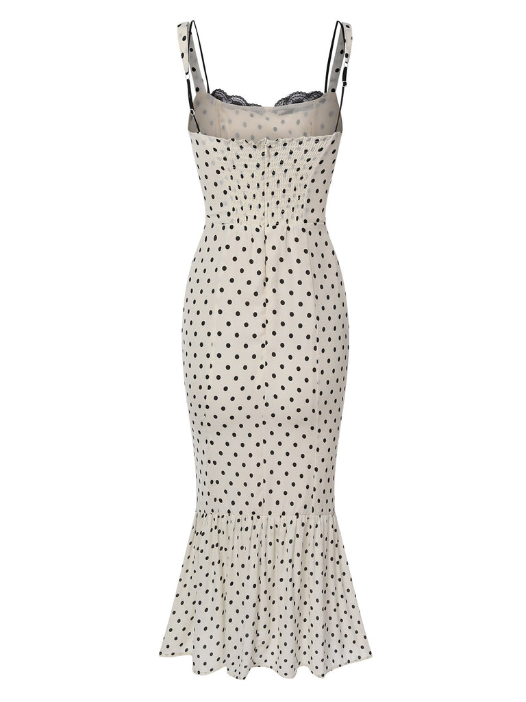 White 1930s Polka Dots Straps Mermaid Dress