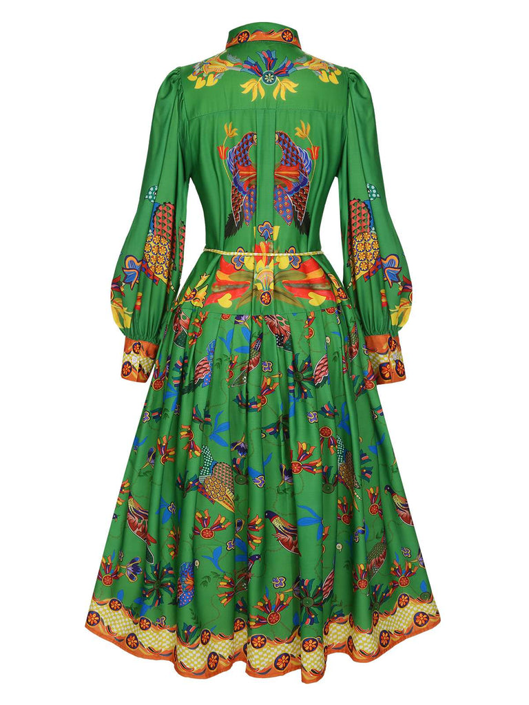 Green 1940s Peacock Lantern Sleeve Shirt Dress