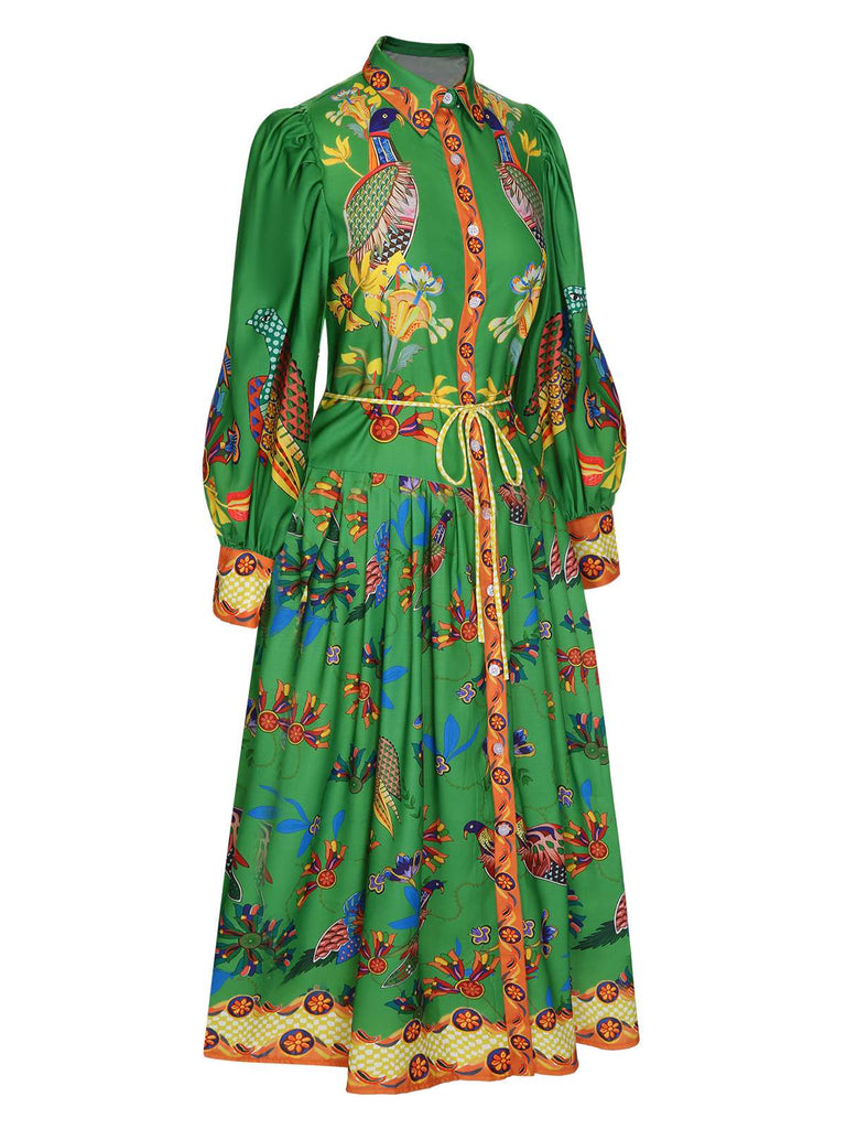 Green 1940s Peacock Lantern Sleeve Shirt Dress