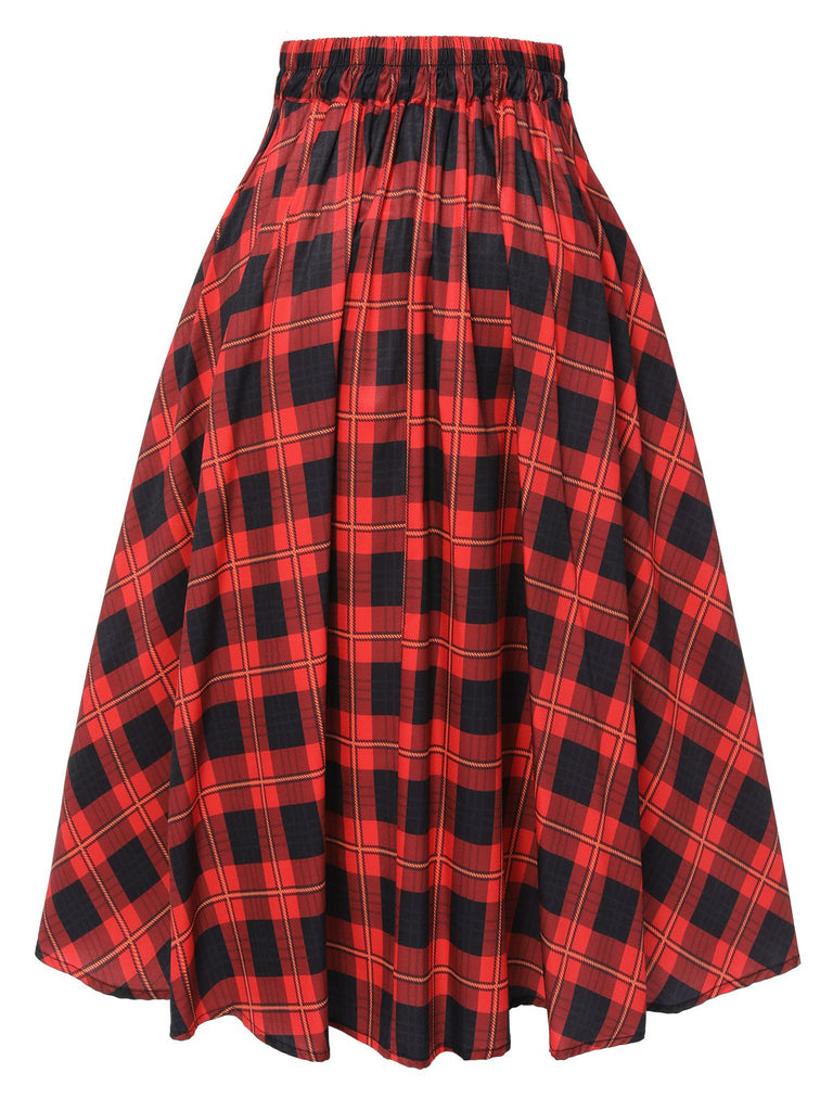 Red 1940s Buffalo Check Buttons Skirt