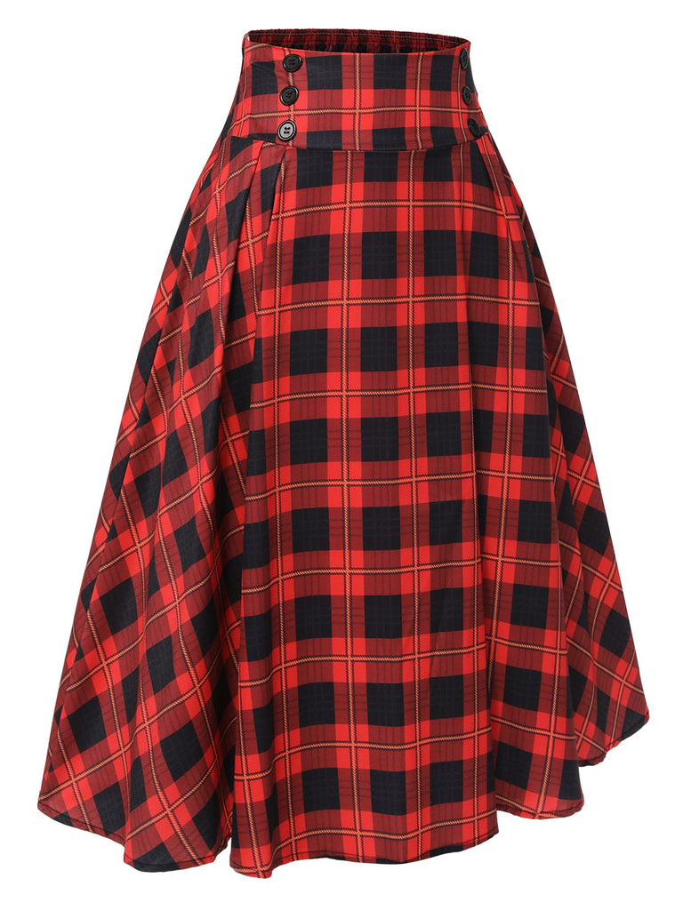 Red 1940s Buffalo Check Buttons Skirt