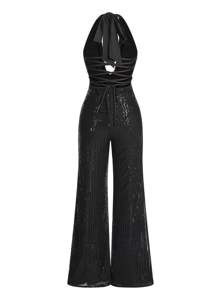 Black 1930s Sequined V-Neck Jumpsuit