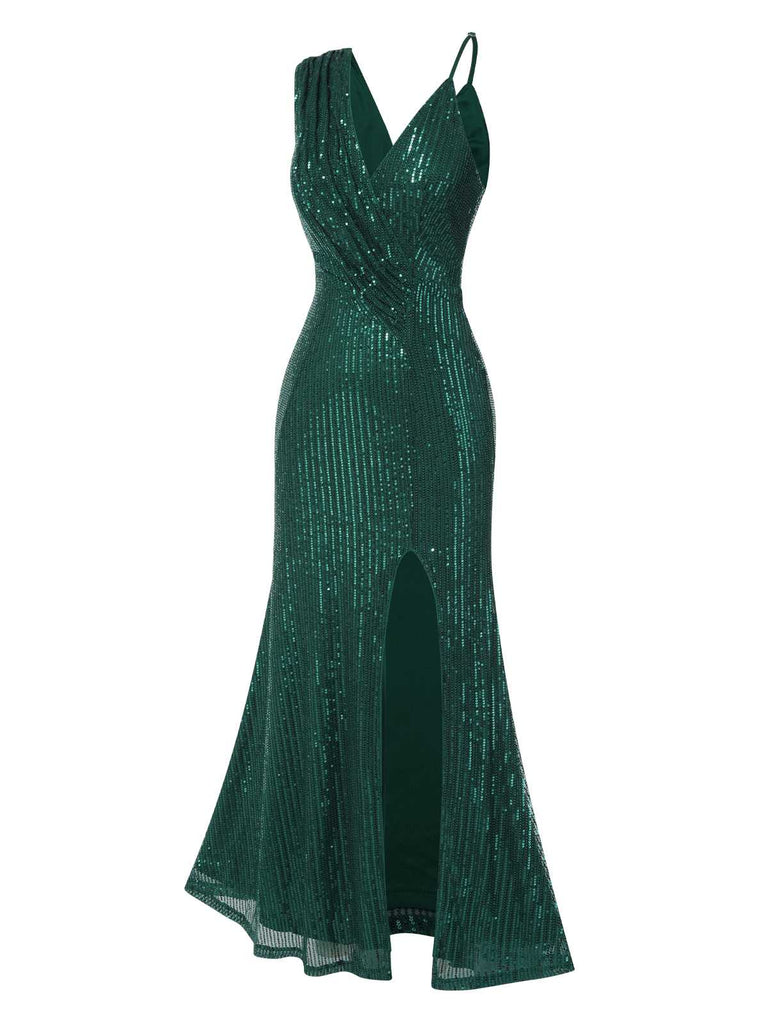 Green 1930s Sequined V-Neck Irregular Straps Dress