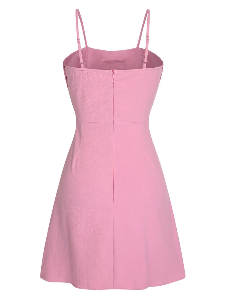 Pink 1950s Solid Spaghetti Straps Bow Dress