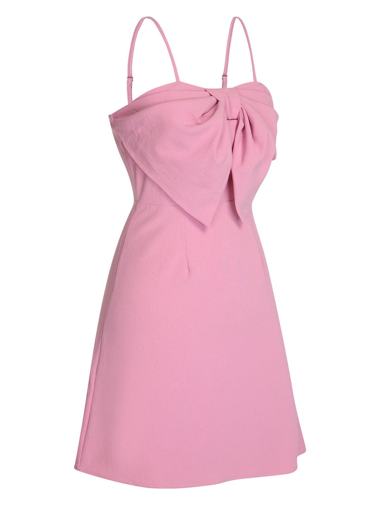 Pink 1960s Solid Spaghetti Straps Bow Dress