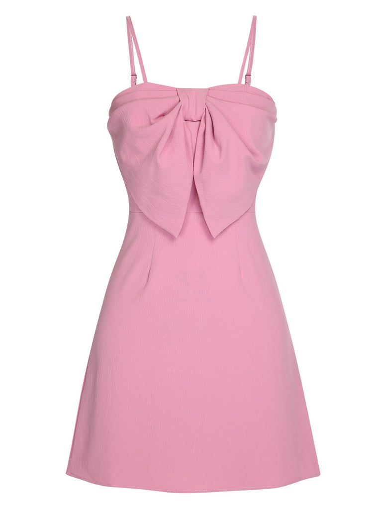 Pink 1960s Solid Spaghetti Straps Bow Dress