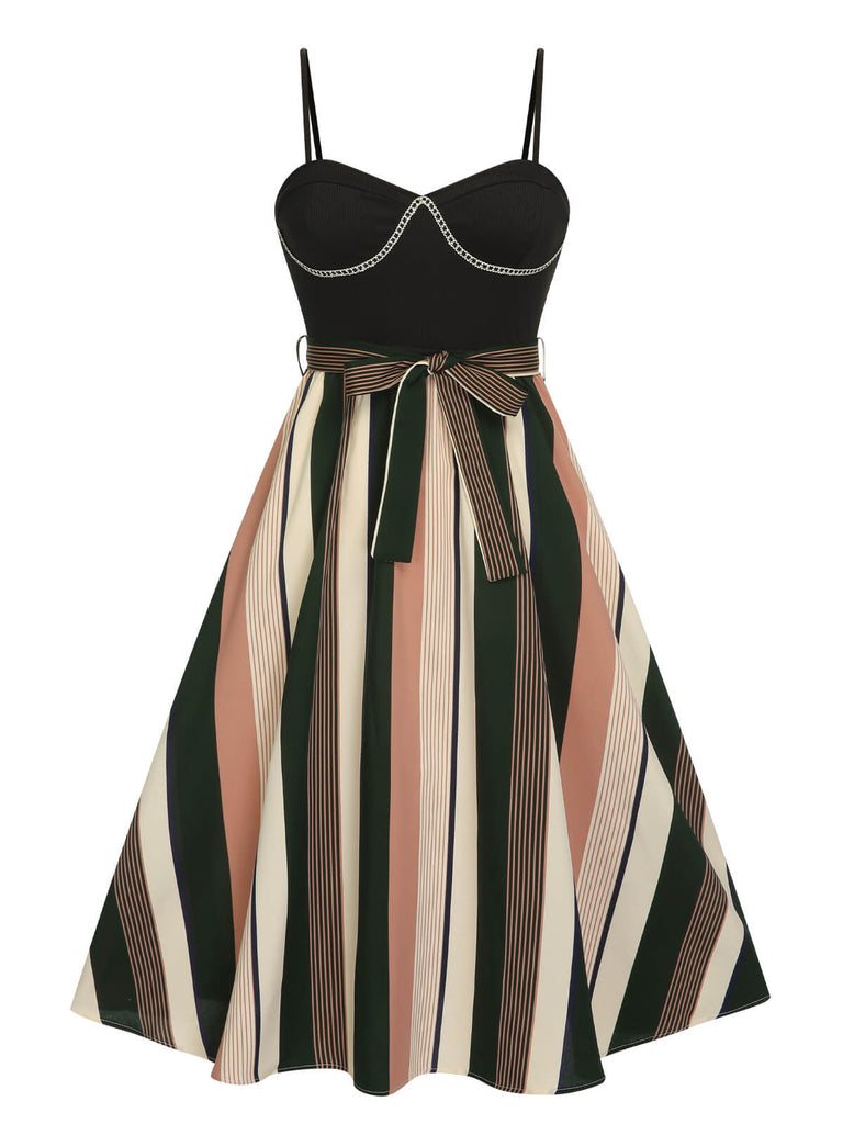 Black 1940s Waist Tie Stripe Straps Dress