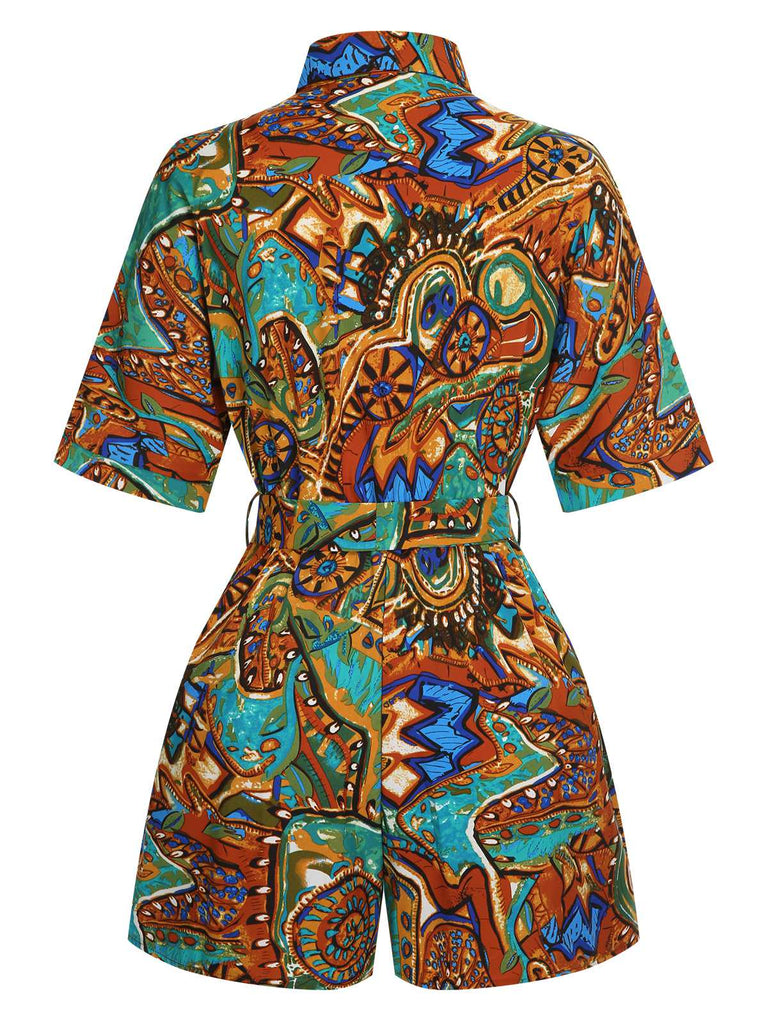 1950s Shirt Neck Print Belted Romper