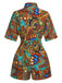 1950s Shirt Neck Print Belted Romper