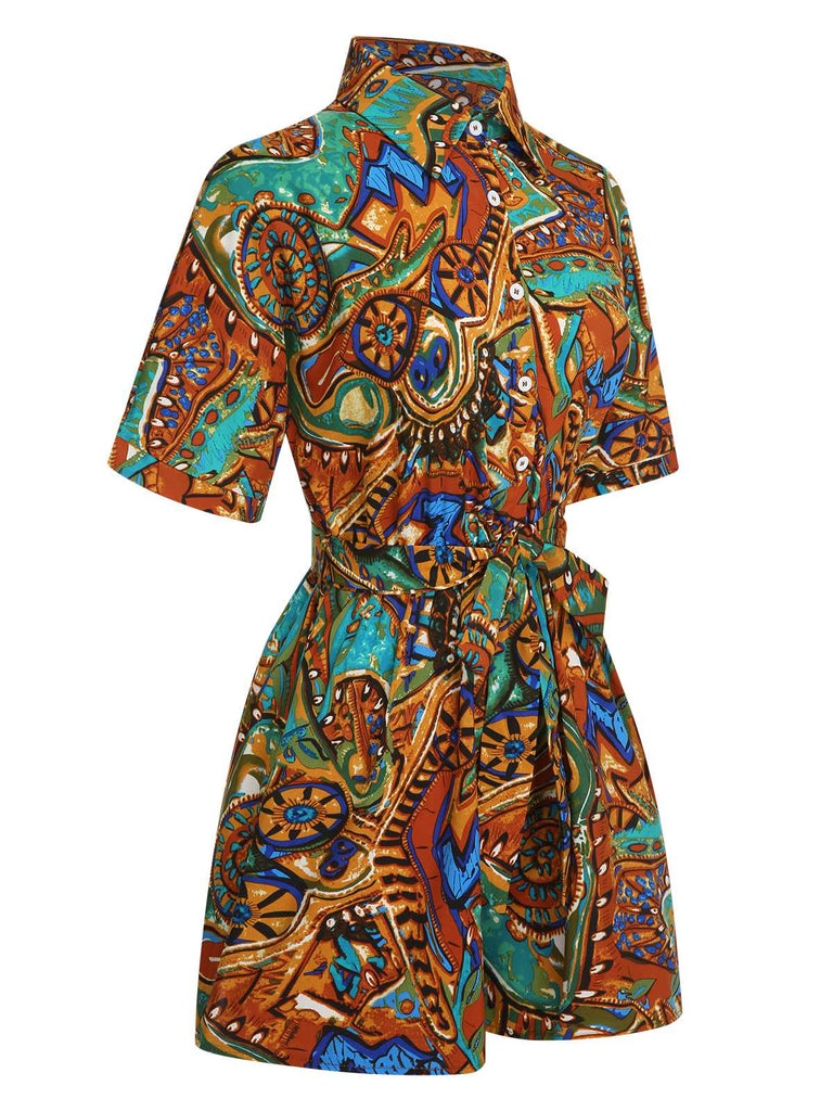 1950s Shirt Neck Print Belted Romper