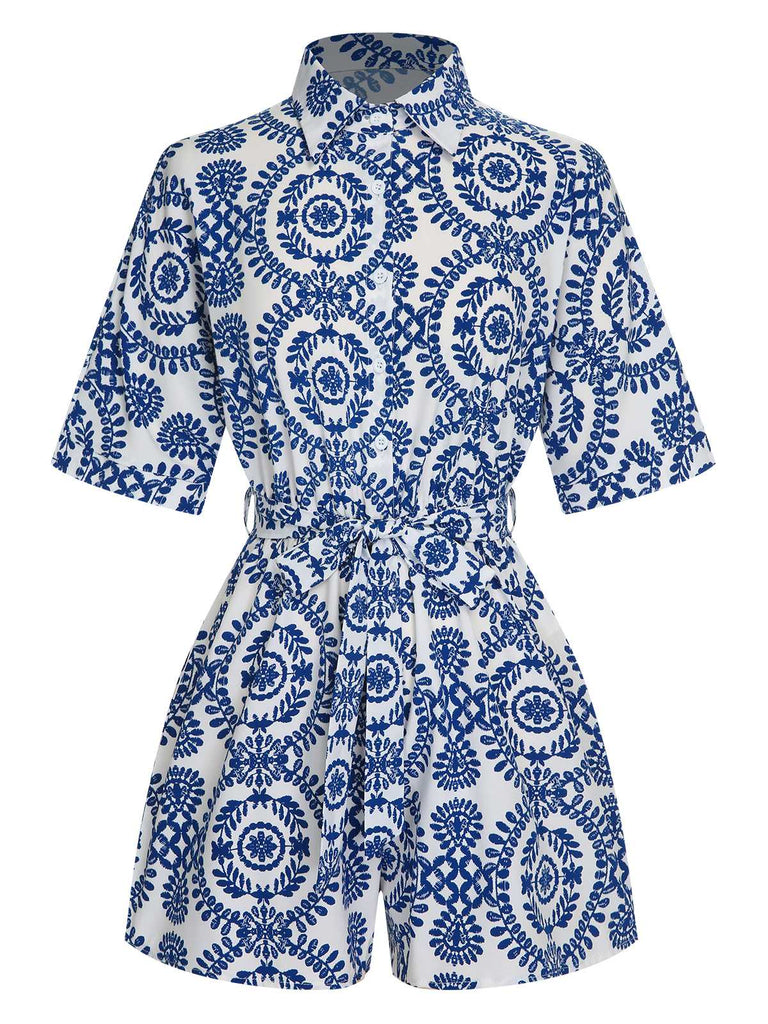 1950s Shirt Neck Print Belted Romper