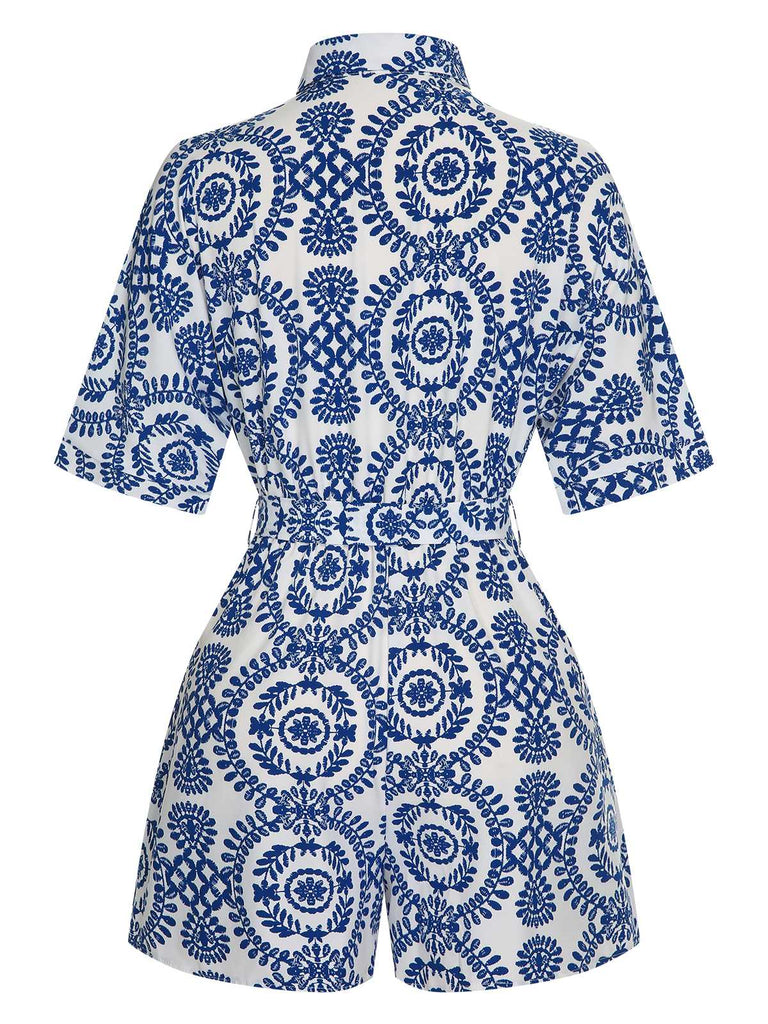 1950s Shirt Neck Print Belted Romper