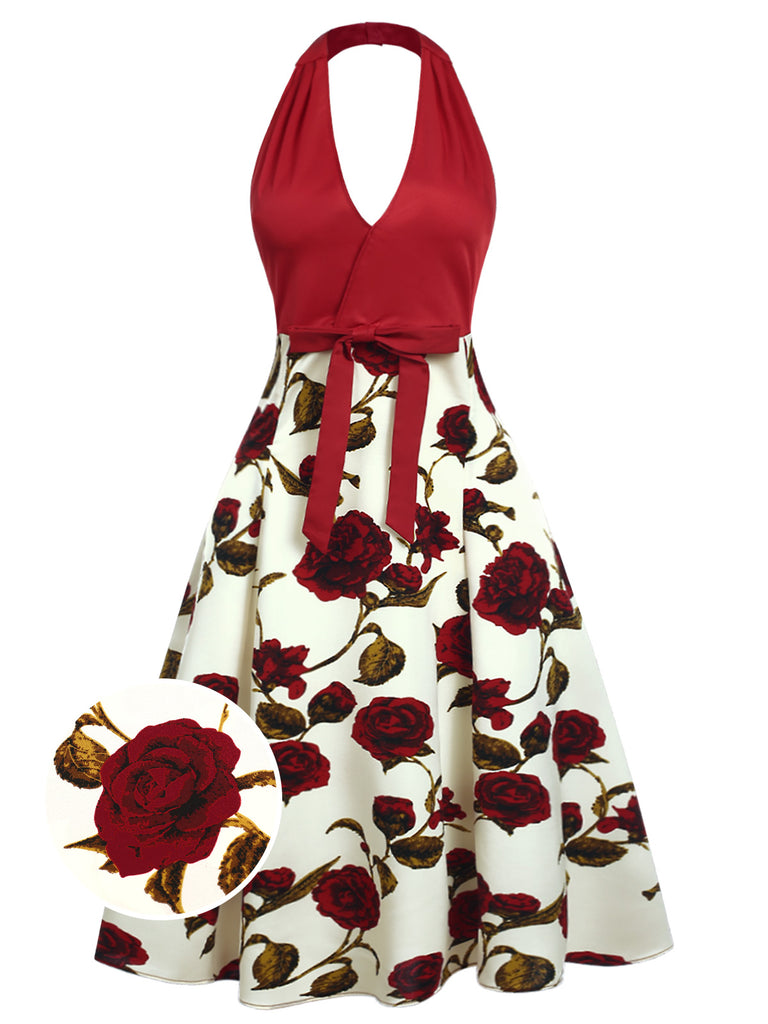 Red 1950s Halter Roses Bow Dress