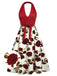 Red 1950s Halter Roses Bow Dress