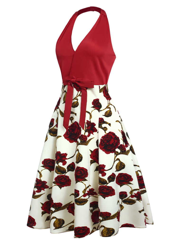 Red 1950s Halter Roses Bow Dress