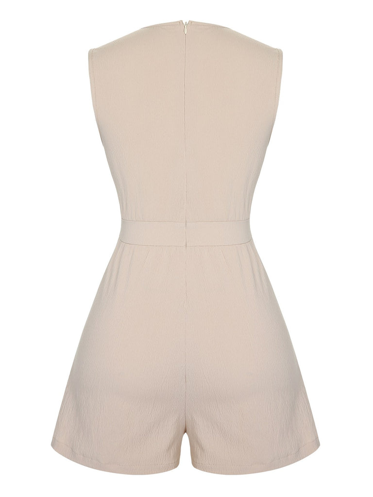 Beige 1950s Solid V-Neck Sleeveless Romper