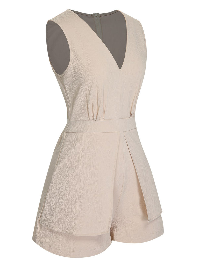 Beige 1950s Solid V-Neck Sleeveless Romper