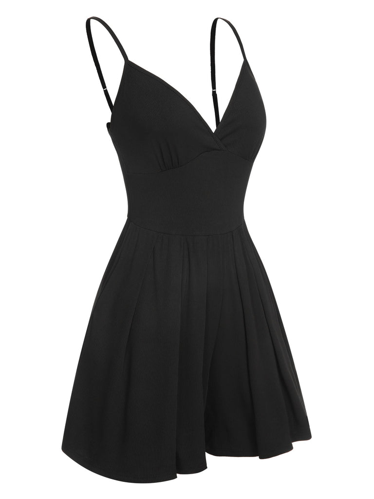 Black 1950s Solid V-Neck Spaghetti Straps Romper