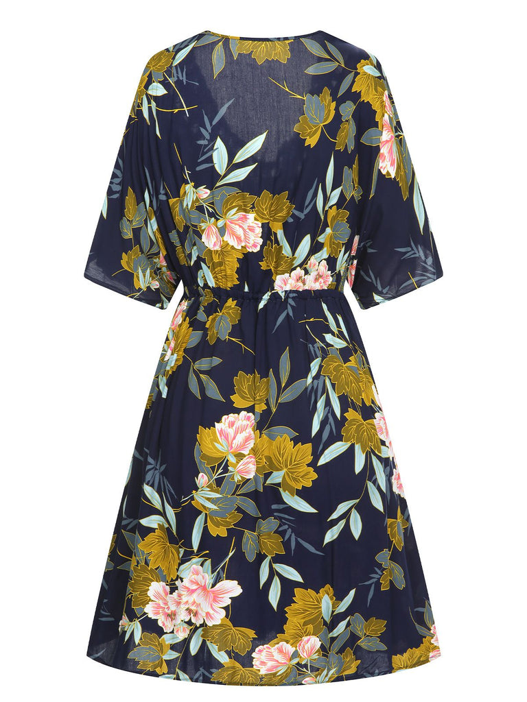 Blue 1950s Floral Hollow Cover-Up